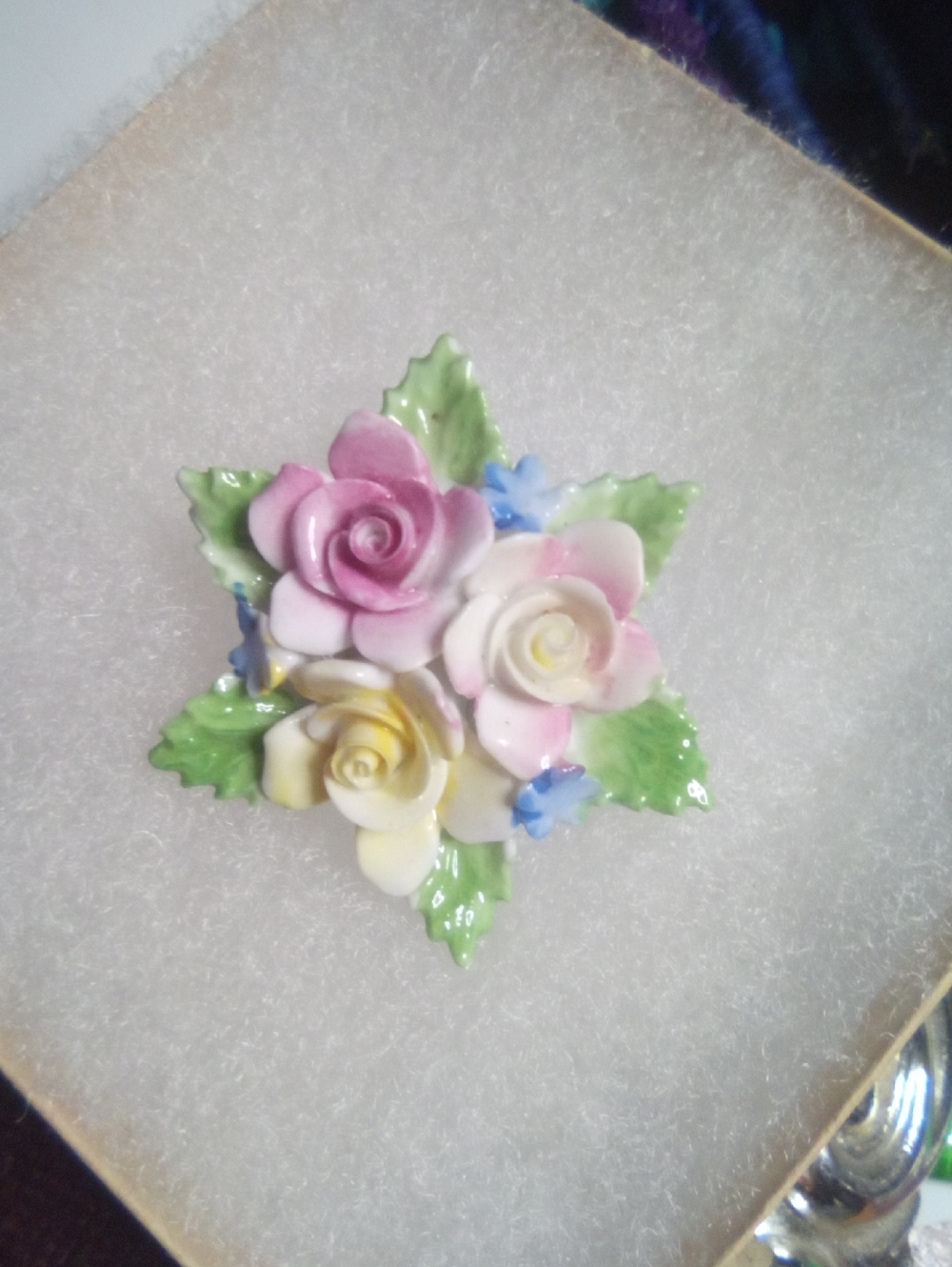Porcelain Floral Rose Cluster Brooch -Made In England Pastel Pink, Yellow, White